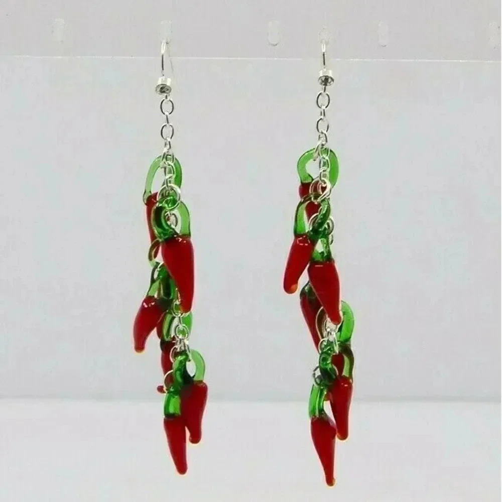 Handmade Lampwork Glass Red Chili Peppers on Chain 85mm Long Earrings